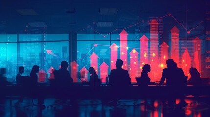 Business people discussing a project in a modern office with augmented reality elements.