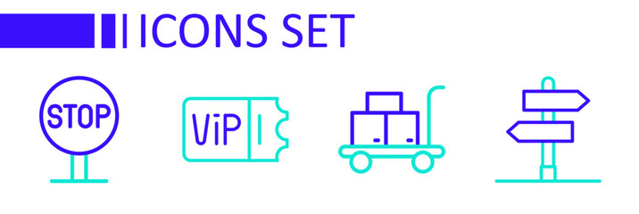 Set line Road traffic sign, Trolley suitcase, Train ticket and Stop icon. Vector