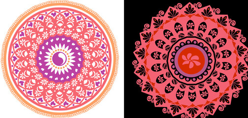 Two different colored oval designs on a black and white  background. Mandalas with colored details in vector
