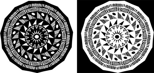A black and white image of a circular design on a black and white background. Black and  white mandala in vector on black and white background 
