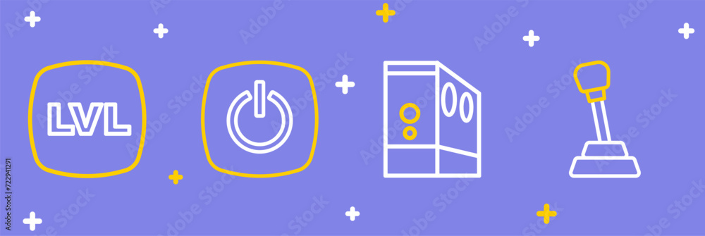 Poster set line gear shifter, case of computer, power button and level game icon. vector