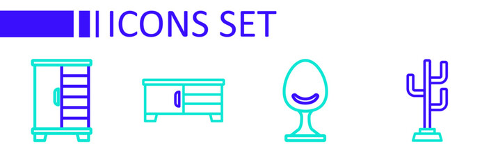 Set line Coat stand, Armchair, TV table and Wardrobe icon. Vector