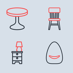 Set line Chair, Furniture nightstand with lamp, Pouf and Round table icon. Vector