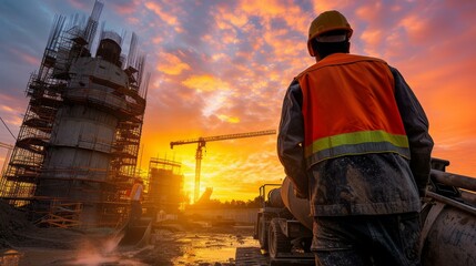 Fototapeta premium Construction worker in front of a large concrete structure at sunset