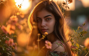 Naklejka premium Young Woman Standing in a Colorful Field of Flowers