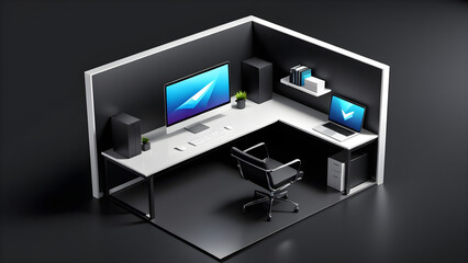 open workspace icon. Workspace with laptop computer screen and office supply on table, Ai generate. isolated on a black background. With black copy space