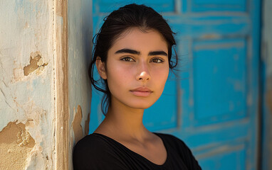 Fototapeta premium Woman Leaning Against Wall With Blue Door