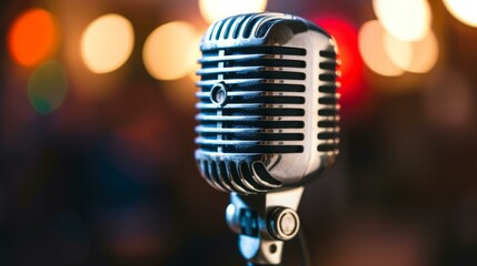 Retro silver microphone on stage with blurred lights in the background