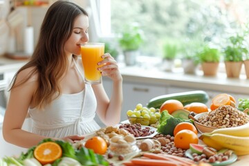 Pregnant woman drinking orange juice in the kitchen - obrazy, fototapety, plakaty
