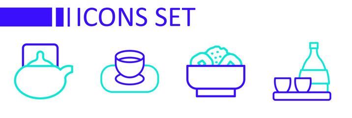 Set line Bottle of sake, Chow mein on plate, Soy sauce bowl and Traditional tea ceremony icon. Vector