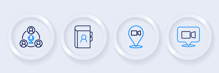 Set line Video chat conference, Phone book and Meeting icon. Vector