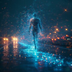 Blue digital person walking on the road with bokeh lights in the background