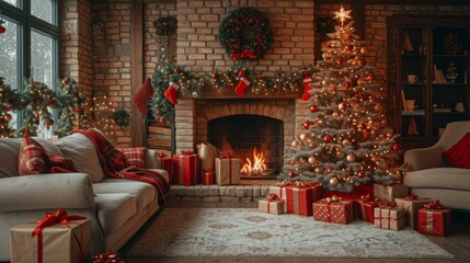 A cozy living room with a fireplace, Christmas tree, presents and a sofa