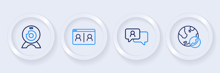 Set line Video chat conference, Speech bubble, and Web camera icon. Vector