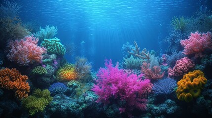 Amazing and colorful coral reef with many different types of coral and fish