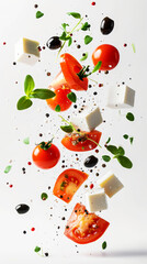 Explosion of salad with tomatoes, cheese, leaves, spices. Healthy eating concept. Restaurant advertising. Generative AI