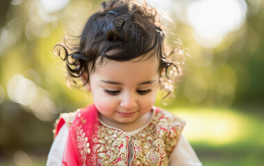 Fototapeta premium Little Girl Wearing Red and White Outfit