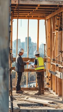 Two construction workers wearing hard hats discuss plans while standing in a building under construction with a view of the city in the background
