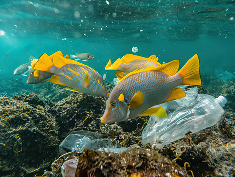 Tropical fish swimming with plastic garbage in a polluted ocean, recycling, social issues, environmental