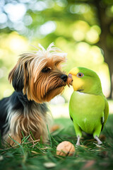 Outdoors shot of a Yorkshire Terrier looking at a green parrot