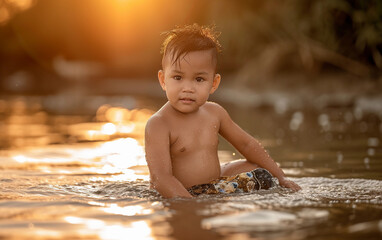 Young Boy Sitting on a Surfboard in the Water