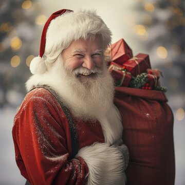 Happy Santa Claus Carrying a Sack Full of Christmas Presents