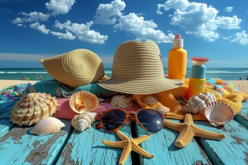Beach day essentials: straw hats, seashells, sunscreen, and sunglasses