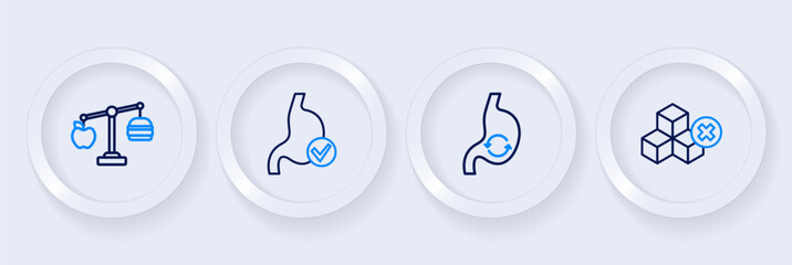 Set line No sugar free, Human stomach health, and Calorie calculator icon. Vector