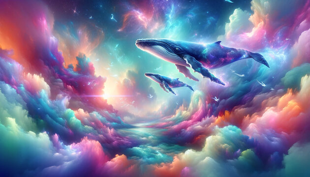 彩雲の中を泳ぐクジラ、壁紙　（AI生成イラスト）