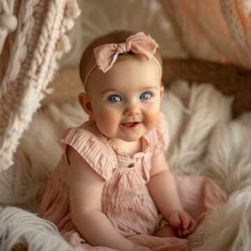 An adorable baby girl with blue eyes is sitting in a blanket teepee and wearing a pink bow headband and a pink dress