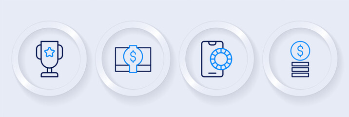 Set line Casino chip with dollar, Online sports betting, Stacks paper money cash and poker trophy cup icon. Vector