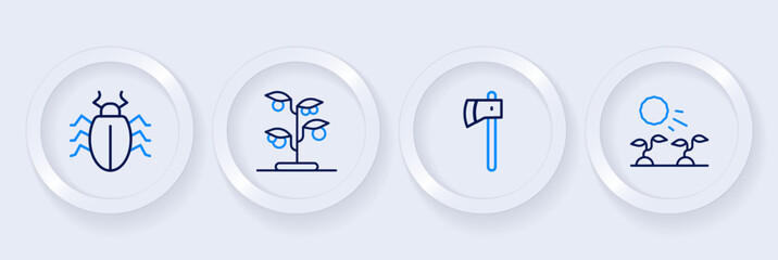 Set line Plant sprouts grow in the sun, Wooden axe, Sprout and Colorado beetle icon. Vector
