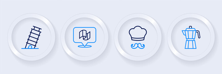 Set line Coffee maker moca pot, Italian cook, Flag Italy and Leaning tower in Pisa icon. Vector