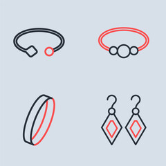 Set line Bracelet jewelry, Wedding ring, Earrings and icon. Vector
