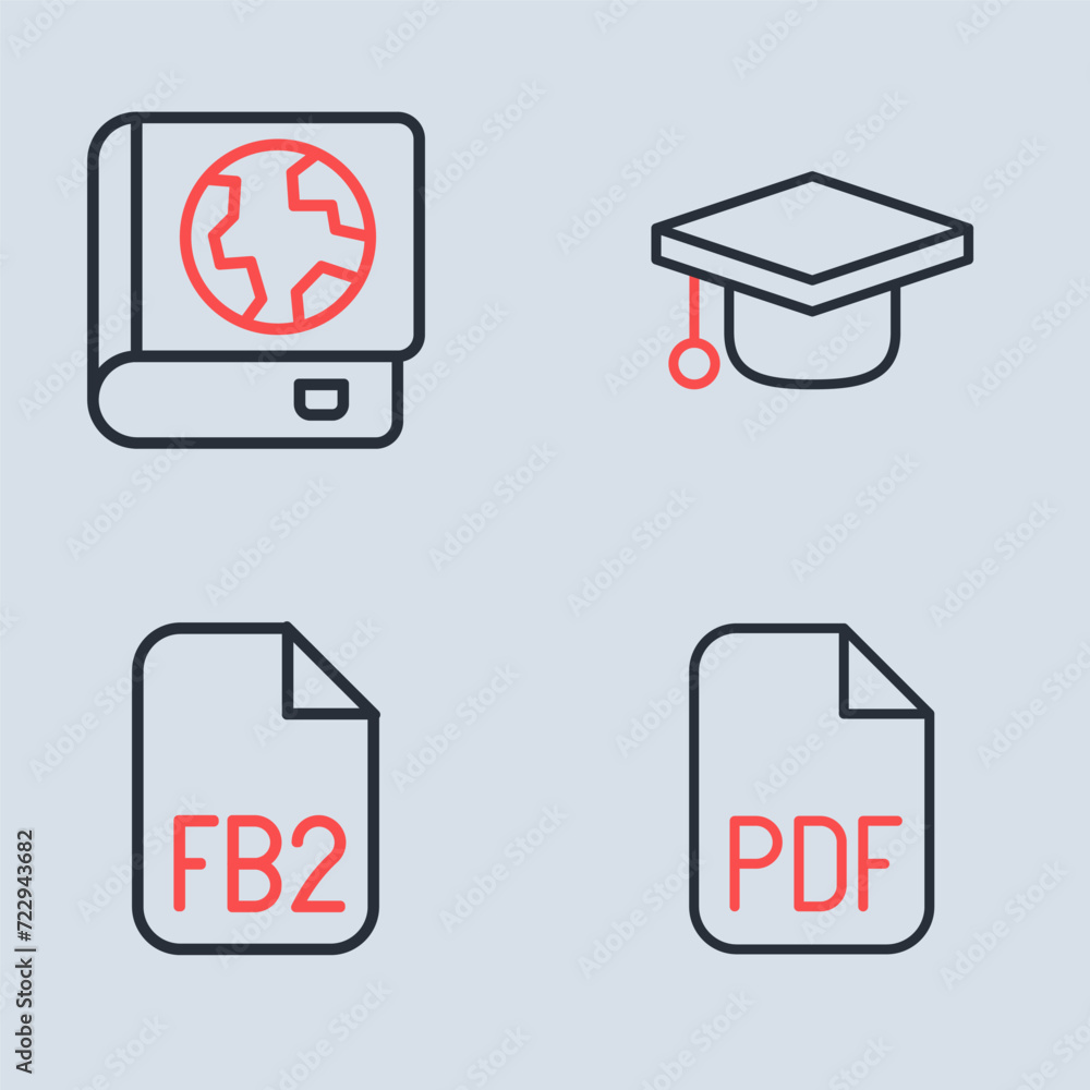 Poster set line graduation cap, fb2 file, pdf file document and earth globe and book icon. vector