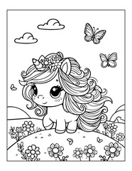 Cartoon Coloring page for kids Baby pony unicorn playing in a flower meadow among butterflies