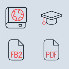 Set line Graduation cap, FB2 File, PDF file document and Earth globe and book icon. Vector