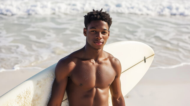 Portrait of a handsome young american african surfer with surfboard, blue ocean backdrop. Beach concept. Generative AI