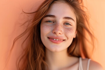 Capturing the Close-Up Beauty of a Young Lady with a Peach Hue as the Backdrop