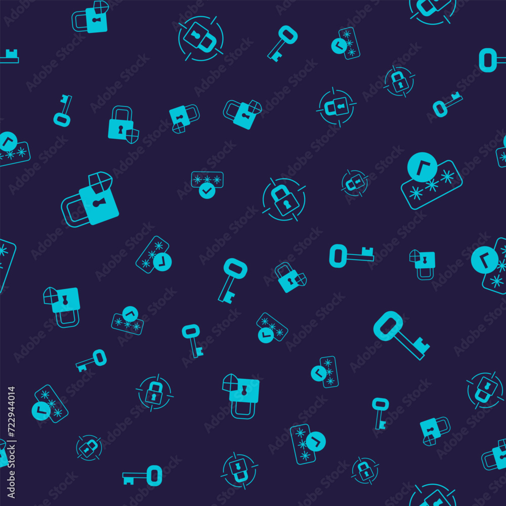 Poster set shield security with lock, password protection, lock and old key on seamless pattern. vector