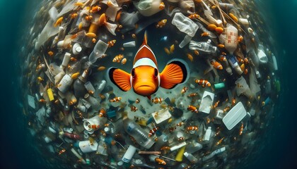 Percula Clownfish Afraid of Ocean Trash: Dim Murky Lighting Highlights Contrast Between Marine Beauty and Pollution Impact - obrazy, fototapety, plakaty