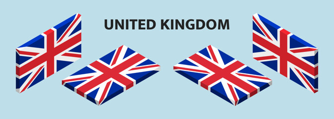 Isometric United Kingdom flag. 3D Great Britain flag in different angles.
