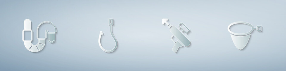 Set Worm, Fishing hook, harpoon and net. Paper art style. Vector