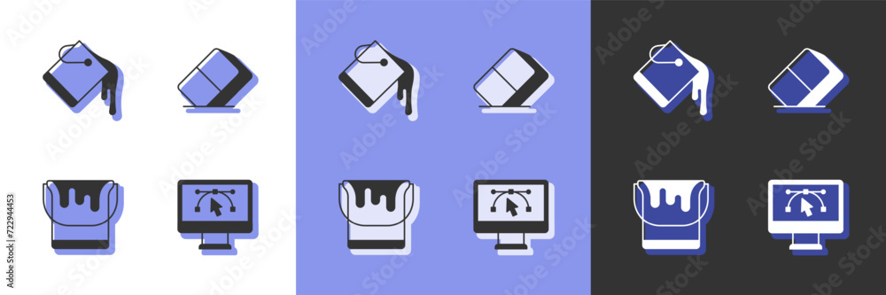 Poster set computer with design program, paint bucket, and eraser or rubber icon. vector