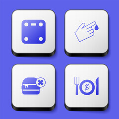 Set Bathroom scales, Finger blood, No burger and Vegan food diet icon. White square button. Vector