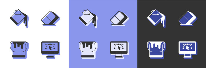 Set Computer with design program, Paint bucket, and Eraser or rubber icon. Vector