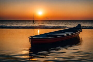 Fototapeta premium A breathtaking seascape at sunset, with a solitary boat peacefully drifting on the calm water, the sky ablaze with warm tones