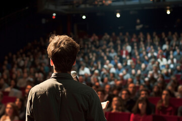 person confidently addressing a large audience, symbolizing leadership and assurance in public speaking