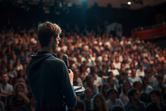 person confidently addressing a large audience, symbolizing leadership and assurance in public speaking