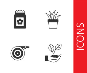 Set Leaf in hand, Pack full of seeds, Garden hose and Plant pot icon. Vector